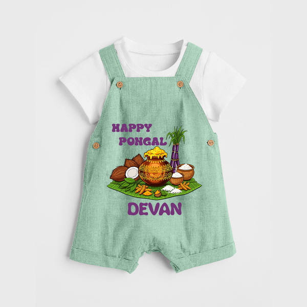 Happy Pongal Traditional Pot Print Kids Dungaree  with Name | Customized Dungaree for Kid - MINT GREEN - 0 - 5 Months Old (Chest 18")