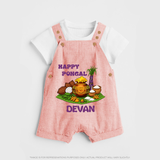Happy Pongal Traditional Pot Print Kids Dungaree  with Name | Customized Dungaree for Kid - PEACH - 0 - 5 Months Old (Chest 18")