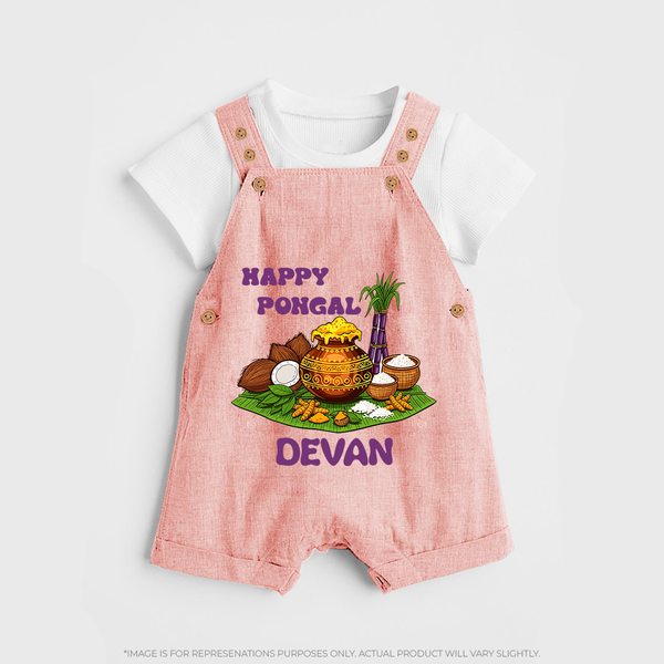 Happy Pongal Traditional Pot Print Kids Dungaree  with Name | Customized Dungaree for Kid - PEACH - 0 - 5 Months Old (Chest 18")