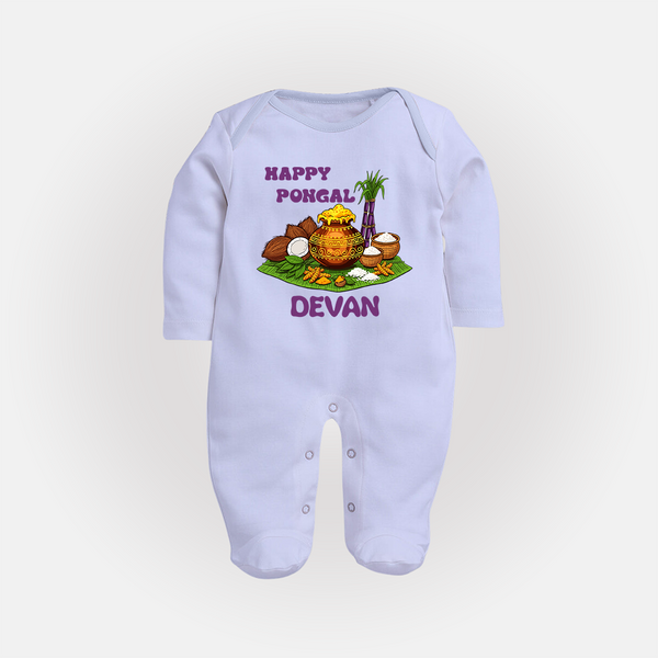 Happy Pongal Traditional Pot Print Kids Fullbody Suit  with Name | Customized Fullbody Suit for Kid - BABY BLUE - New Born (Chest 7.5")