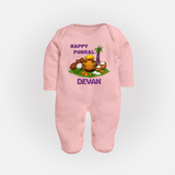 Happy Pongal Traditional Pot Print Kids Fullbody Suit  with Name | Customized Fullbody Suit for Kid - BABY PINK - New Born (Chest 7.5")