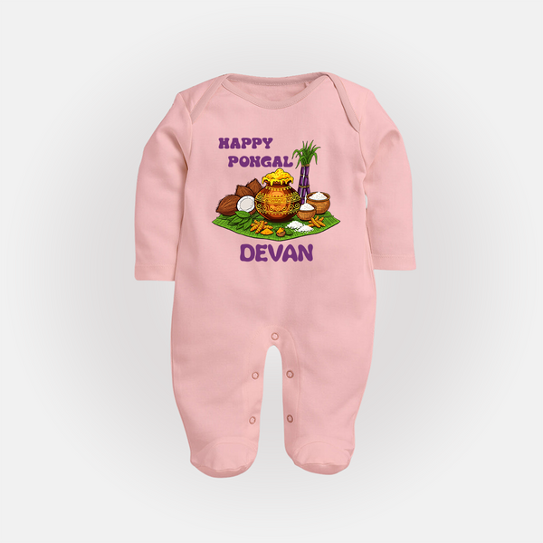 Happy Pongal Traditional Pot Print Kids Fullbody Suit  with Name | Customized Fullbody Suit for Kid - BABY PINK - New Born (Chest 7.5")