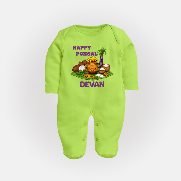 Happy Pongal Traditional Pot Print Kids Fullbody Suit  with Name | Customized Fullbody Suit for Kid - LIME GREEN - New Born (Chest 7.5")