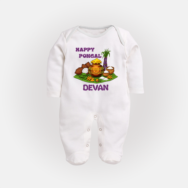 Happy Pongal Traditional Pot Print Kids Fullbody Suit  with Name | Customized Fullbody Suit for Kid - WHITE - New Born (Chest 7.5")