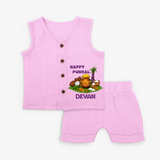 Happy Pongal Traditional Pot Print Kids Jabla Set with Name | Customized Jabla Set for Kids - BABY PINK - 0 - 3 Months Old (Chest 9.8")