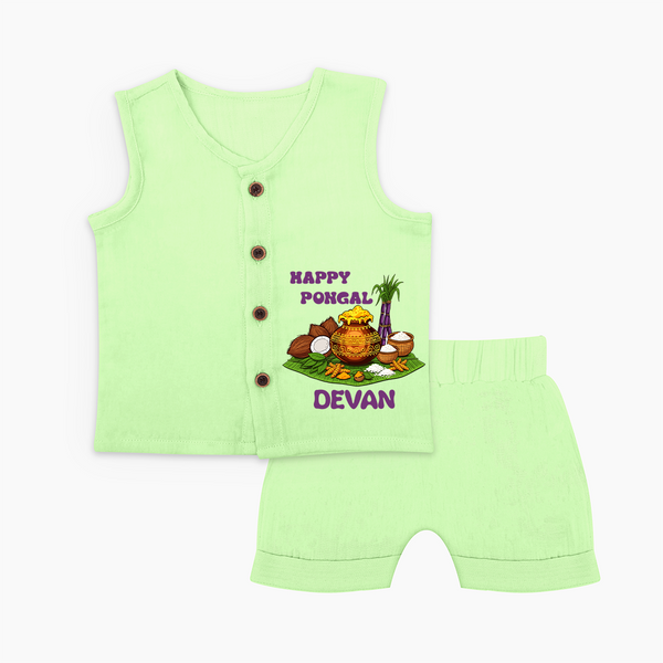 Happy Pongal Traditional Pot Print Kids Jabla Set with Name | Customized Jabla Set for Kids - PASTEL GREEN - 0 - 3 Months Old (Chest 9.8")