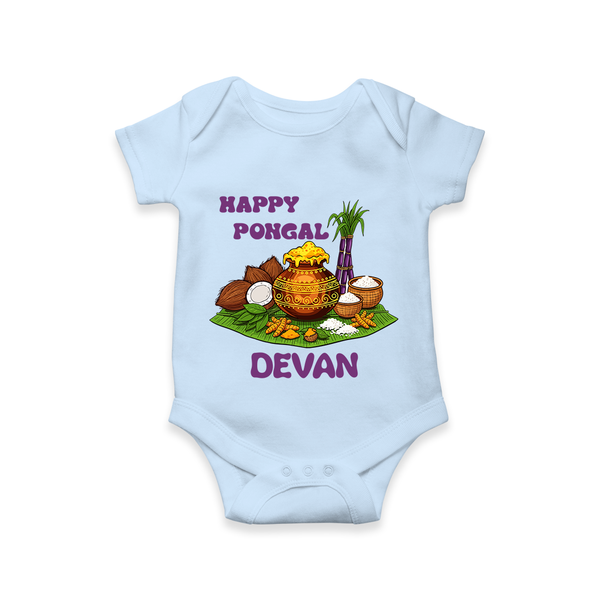 Happy Pongal Traditional Pot Print Kids Romper  with Name | Customized Romper for baby - BABY BLUE - New Born (Chest 14")