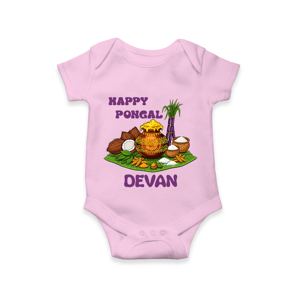 Happy Pongal Traditional Pot Print Kids Romper  with Name | Customized Romper for baby - BABY PINK - New Born (Chest 14")