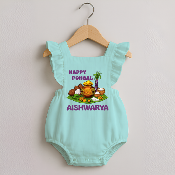 Happy Pongal Traditional Pot Print Kids Romper frock   with Name | Customized Romper frock  for Kid - MINT GREEN - 0 - 3 Months Old (Chest 19")