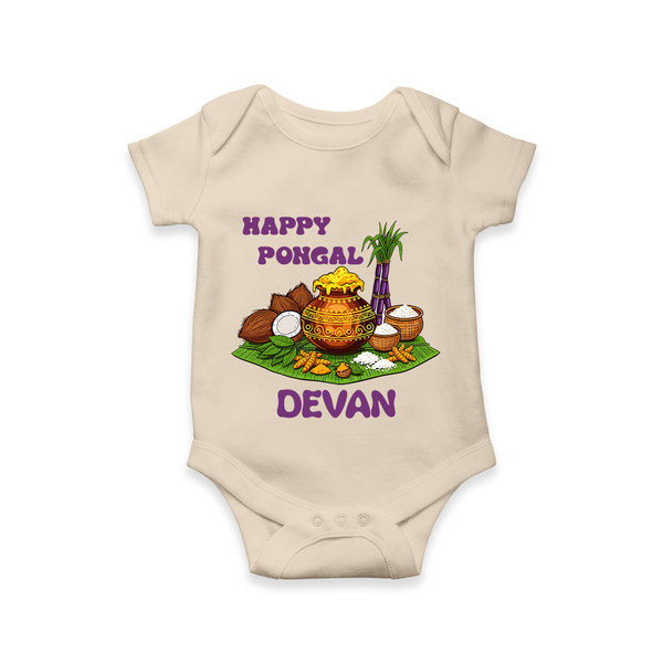 Happy Pongal Traditional Pot Print Kids Romper  with Name | Customized Romper for baby - IVORY - New Born (Chest 14")