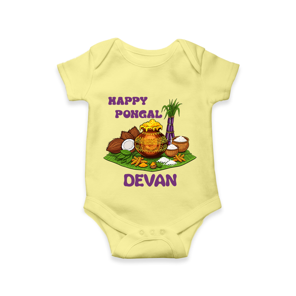 Happy Pongal Traditional Pot Print Kids Romper  with Name | Customized Romper for baby - PASTEL YELLOW - New Born (Chest 14")