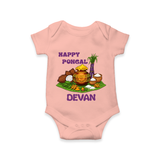 Happy Pongal Traditional Pot Print Kids Romper  with Name | Customized Romper for baby - PEACH - New Born (Chest 14")