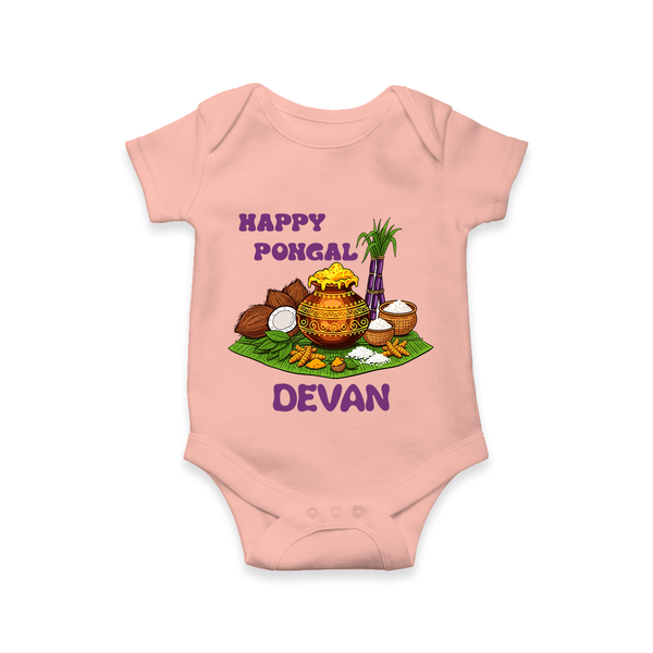 Happy Pongal Traditional Pot Print Kids Romper  with Name | Customized Romper for baby - PEACH - New Born (Chest 14")