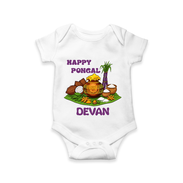 Happy Pongal Traditional Pot Print Kids Romper  with Name | Customized Romper for baby - WHITE - New Born (Chest 14")