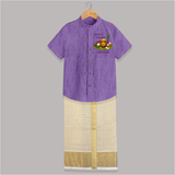 Happy Pongal Traditional Pot Print Kids Shirt & Dhoti  with Name | Customized Shirt & Dhoti for Kid - ROYAL PURPLE - 0 - 6 Months Old (Chest-23") (Dhoti length-14")