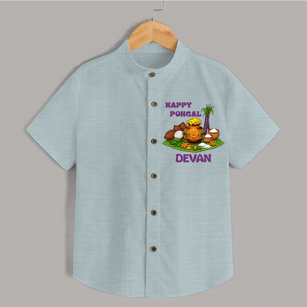 Happy Pongal Traditional Pot Print Kids Shirt  with Name | Customized Shirt for Kid - ARCTIC BLUE - 0 - 6 Months Old (Chest 23")