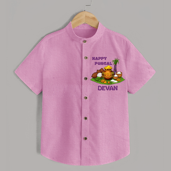 Happy Pongal Traditional Pot Print Kids Shirt  with Name | Customized Shirt for Kid - BABY PINK - 0 - 6 Months Old (Chest 23")
