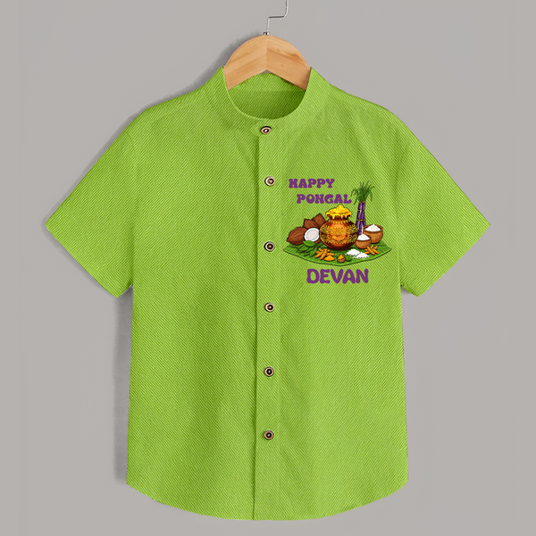 Happy Pongal Traditional Pot Print Kids Shirt  with Name | Customized Shirt for Kid - LIME GREEN - 0 - 6 Months Old (Chest 23")