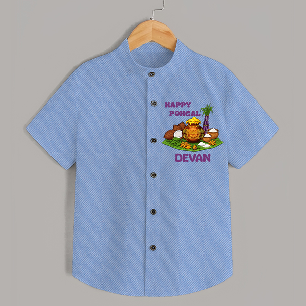 Happy Pongal Traditional Pot Print Kids Shirt  with Name | Customized Shirt for Kid - SKY BLUE - 0 - 6 Months Old (Chest 23")