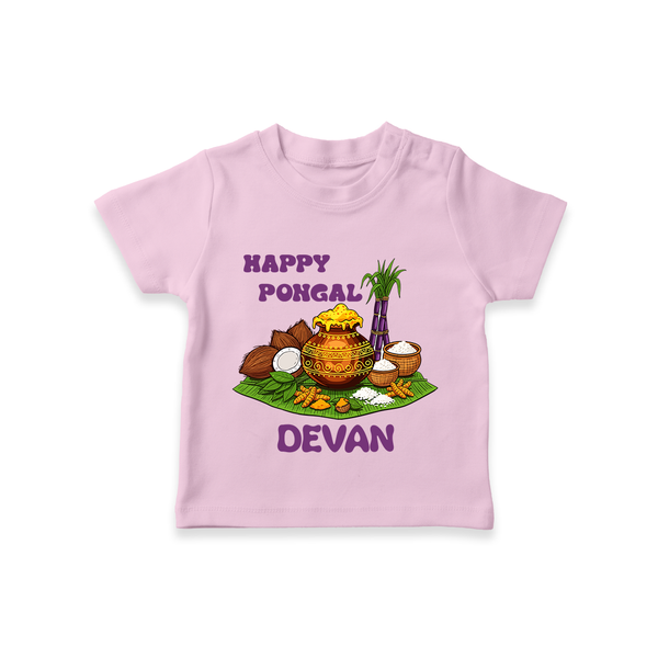 Happy Pongal Traditional Pot Print Kids T-Shirt  with Name | Customized T-Shirt for Kid - BABY PINK - 0-5 Months Old (Chest 17")