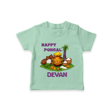 Happy Pongal Traditional Pot Print Kids T-Shirt  with Name | Customized T-Shirt for Kid - MINT GREEN - 0-5 Months Old (Chest 17")