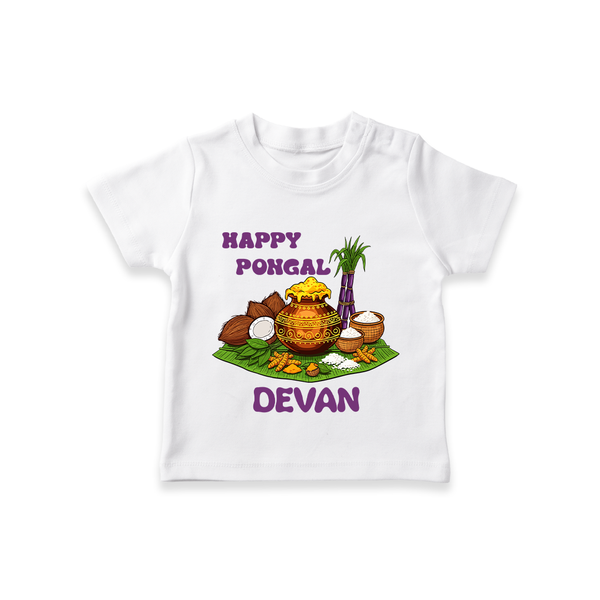 Happy Pongal Traditional Pot Print Kids T-Shirt  with Name | Customized T-Shirt for Kid - WHITE - 0-5 Months Old (Chest 17")