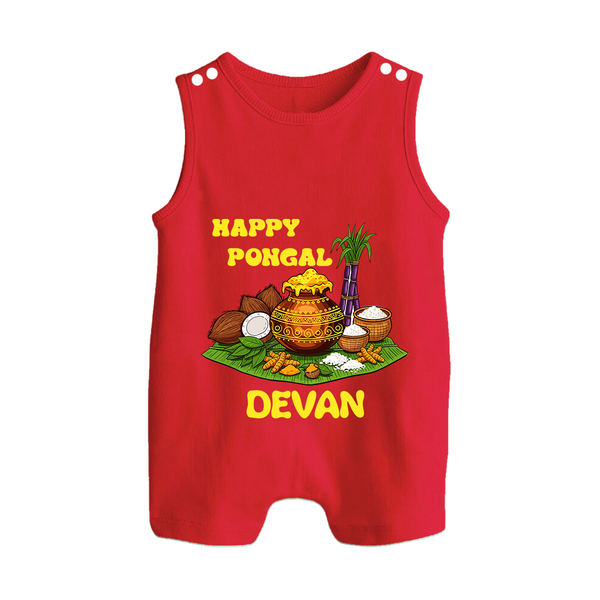 Happy Pongal Traditional Pot Print Kids Dungaree  with Name | Customized Romper Suit for Kid - RED - 0 - 5 Months Old (Chest 18")