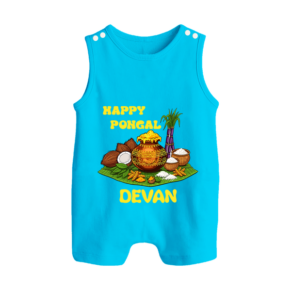 Happy Pongal Traditional Pot Print Kids Dungaree  with Name | Customized Romper Suit for Kid - SKY BLUE - 0 - 5 Months Old (Chest 18")