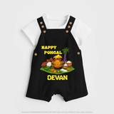 Happy Pongal Traditional Pot Print Kids Dungaree  with Name | Customized Dungaree for Kid - BLACK - 0 - 5 Months Old (Chest 18")