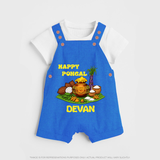 Happy Pongal Traditional Pot Print Kids Dungaree  with Name | Customized Dungaree for Kid - COBALT BLUE - 0 - 5 Months Old (Chest 18")