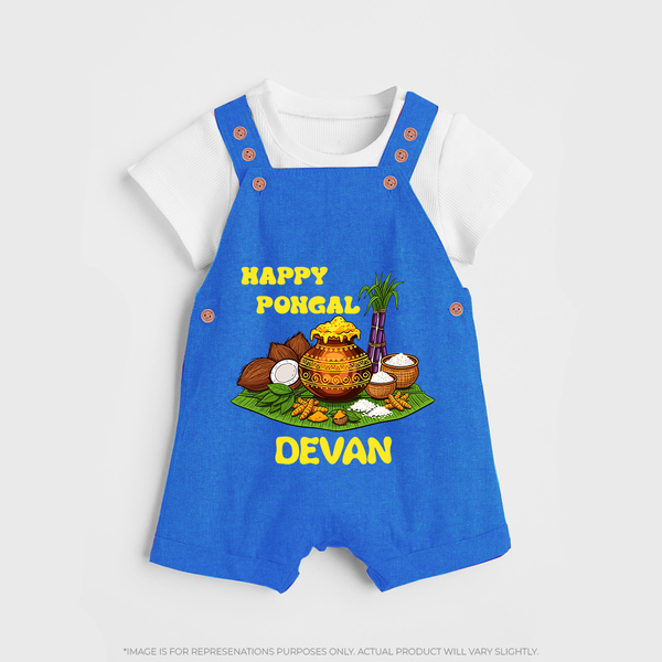 Happy Pongal Traditional Pot Print Kids Dungaree  with Name | Customized Dungaree for Kid - COBALT BLUE - 0 - 5 Months Old (Chest 18")