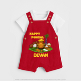 Happy Pongal Traditional Pot Print Kids Dungaree  with Name | Customized Dungaree for Kid - RED - 0 - 5 Months Old (Chest 18")