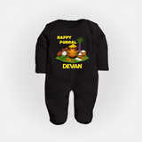 Happy Pongal Traditional Pot Print Kids Fullbody Suit  with Name | Customized Fullbody Suit for Kid - BLACK - New Born (Chest 7.5")