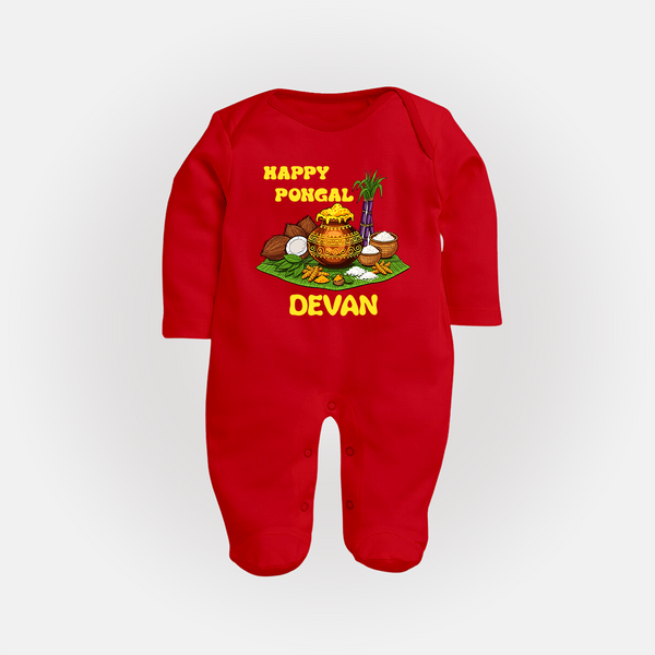 Happy Pongal Traditional Pot Print Kids Fullbody Suit  with Name | Customized Fullbody Suit for Kid - RED - New Born (Chest 7.5")