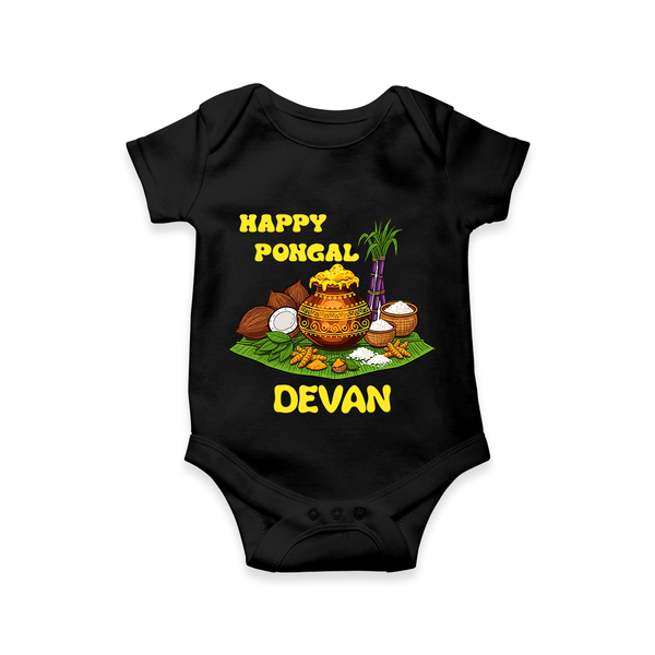 Happy Pongal Traditional Pot Print Kids Romper  with Name | Customized Romper for baby - BLACK - New Born (Chest 14")