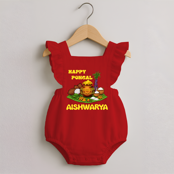 Happy Pongal Traditional Pot Print Kids Romper frock   with Name | Customized Romper frock  for Kid - RED - 0 - 3 Months Old (Chest 19")
