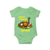 Happy Pongal Traditional Pot Print Kids Romper  with Name | Customized Romper for baby - GREEN - New Born (Chest 14")
