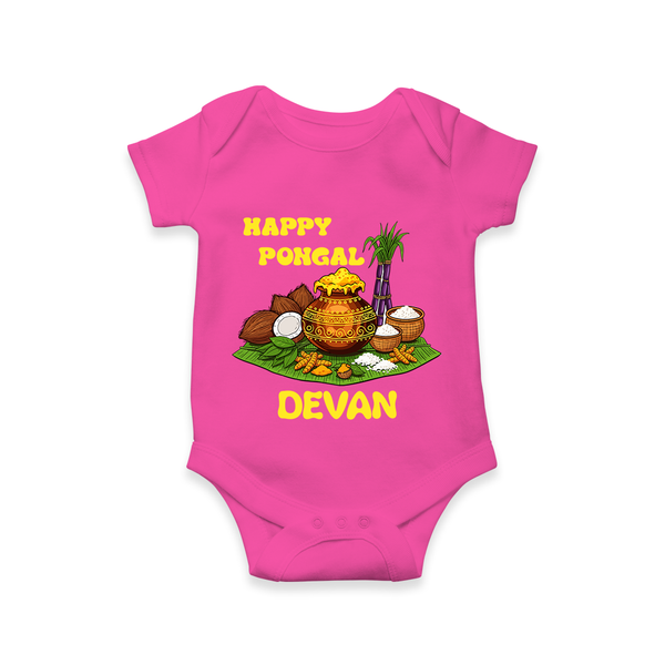 Happy Pongal Traditional Pot Print Kids Romper  with Name | Customized Romper for baby - HOT PINK - New Born (Chest 14")