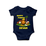 Happy Pongal Traditional Pot Print Kids Romper  with Name | Customized Romper for baby - NAVY BLUE - New Born (Chest 14")