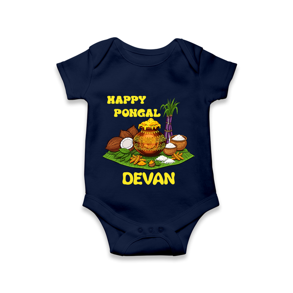 Happy Pongal Traditional Pot Print Kids Romper  with Name | Customized Romper for baby - NAVY BLUE - New Born (Chest 14")