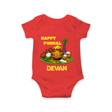 Happy Pongal Traditional Pot Print Kids Romper  with Name | Customized Romper for baby - RED - New Born (Chest 14")
