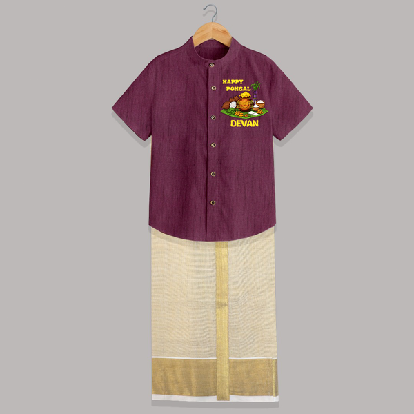 Happy Pongal Traditional Pot Print Kids Shirt & Dhoti  with Name | Customized Shirt & Dhoti for Kid - WINE - 0 - 6 Months Old (Chest-23") (Dhoti length-14")