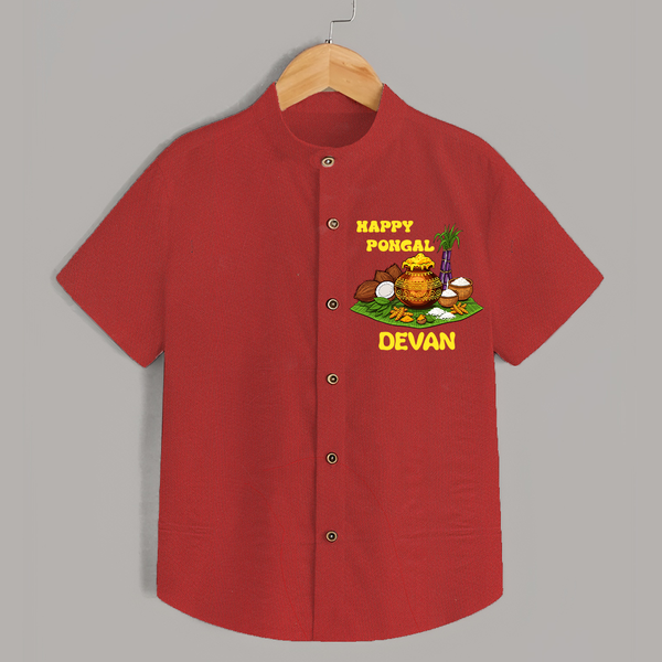 Happy Pongal Traditional Pot Print Kids Shirt  with Name | Customized Shirt for Kid - RED - 0 - 6 Months Old (Chest 23")