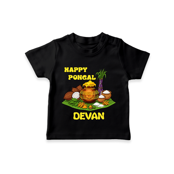 Happy Pongal Traditional Pot Print Kids T-Shirt  with Name | Customized T-Shirt for Kid - BLACK - 0-5 Months Old (Chest 17")