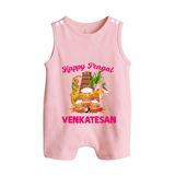 Happy Pongal Temple Theme  | Personalized Kids Romper Suit - BABY PINK - 0 - 5 Months Old (Chest 18")