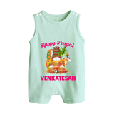 Happy Pongal Temple Theme  | Personalized Kids Romper Suit - MINT GREEN - 0 - 5 Months Old (Chest 18")