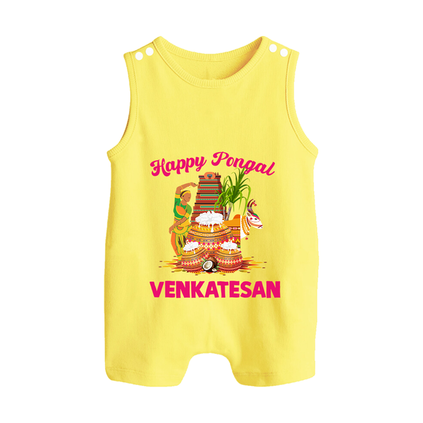 Happy Pongal Temple Theme  | Personalized Kids Romper Suit - PASTEL YELLOW - 0 - 5 Months Old (Chest 18")