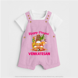 Happy Pongal Temple Theme  | Personalized Kids Dungaree  - BABY PINK - 0 - 5 Months Old (Chest 18")