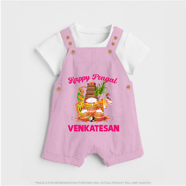 Happy Pongal Temple Theme  | Personalized Kids Dungaree  - BABY PINK - 0 - 5 Months Old (Chest 18")