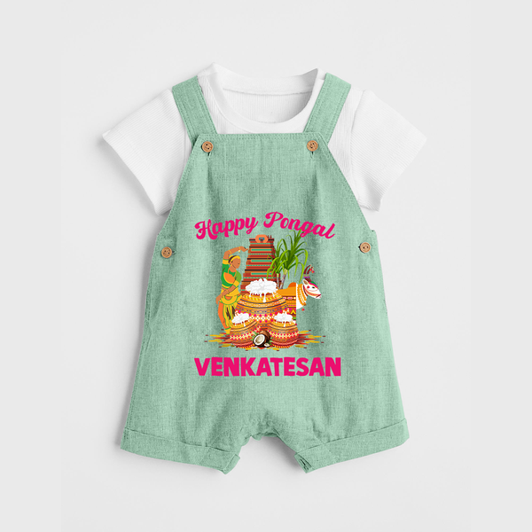 Happy Pongal Temple Theme  | Personalized Kids Dungaree  - MINT GREEN - 0 - 5 Months Old (Chest 18")